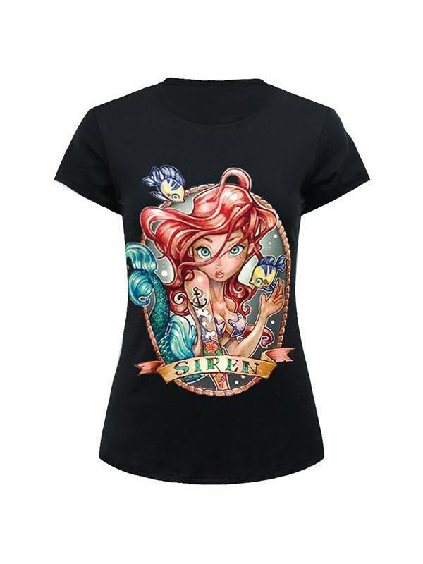 Women's Tops Siren Printed Pattern Round Neck Casual T Shirt (Black)