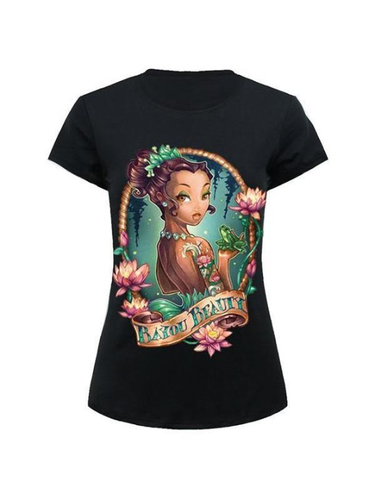 Women's Tops bayou Beauty Printed Pattern Round Neck Casual T Shirt (Black)