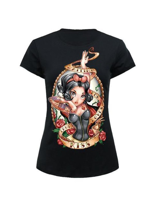 Naisten topit Lumikki painettu kuvio pyöreä kaula-aukkoinen rento T-paita (musta)