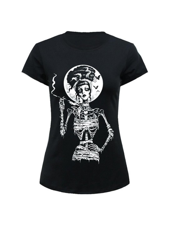 Quadrinhos do vintage princesa impressão mulheres Tops Padrão O Pescoço T-shirt de Manga Curta Zumbi Beleza