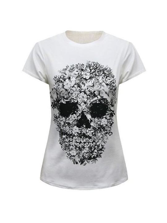 Frauen Tops Floral Schädel gedruckt Muster Rundhals Casual T-Shirt (weiß)