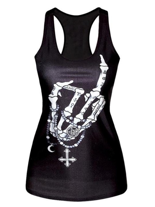 Womens Fuck finger Digital Impresso mangas T Shirt Vest Tops (preto)