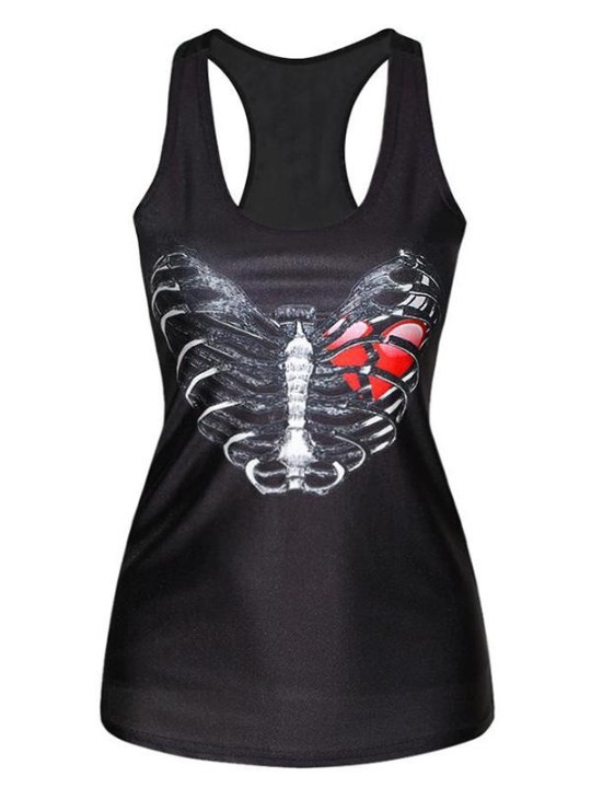 Womens heart Digital Printed Sleeveless T Shirt Vest Tank Tops (Black)
