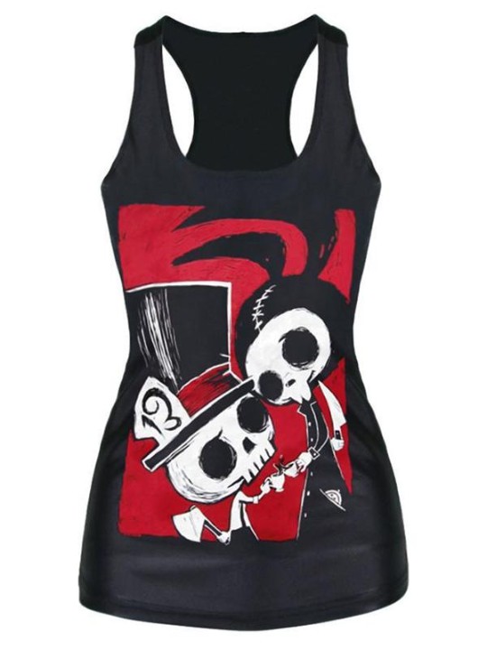 2015 Unisex 3D Digital Cartton Crânio Imprimir Fino Tanque Vest Top T-shirt Gótico Top Clubwear
