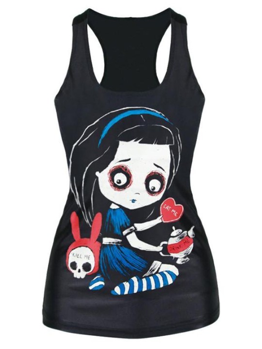 2015 Unisex 3D Digital Cartton Skull Girl Print Slim Vest Tank T-shirt Gothic Top Clubwear