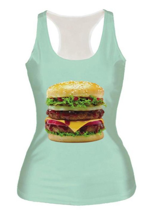 Tíska kvenna Unisex 3D stafræn teiknimynd hamborgari prenta ermalaus grannur tískubolur með skriðdreka