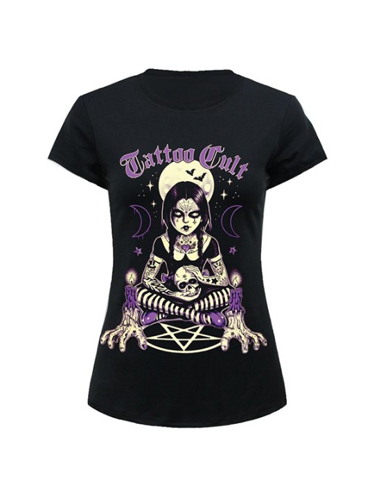 Nye kvinder O-hals kortærmet Cult School Girl Print sort T-shirts