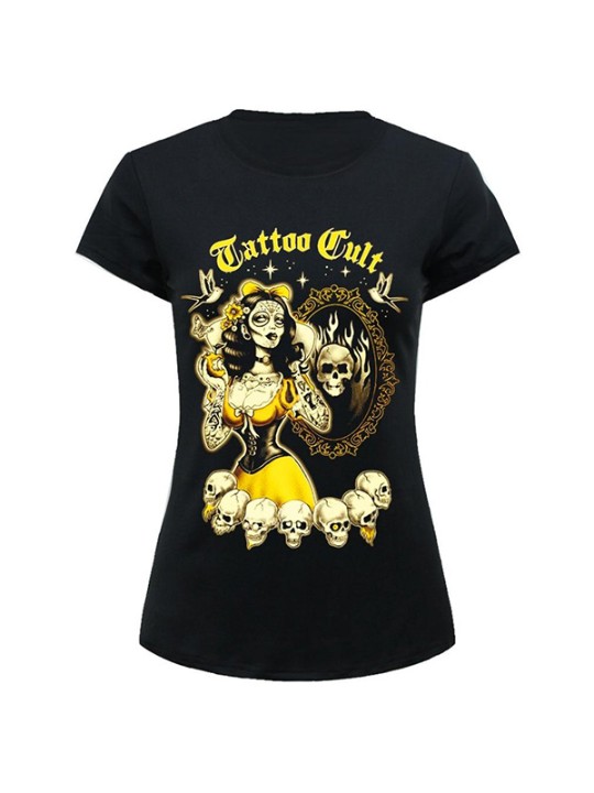 Neue Frauen O Hals Kurzarm Cult Snow White Print Schwarz T-Shirts