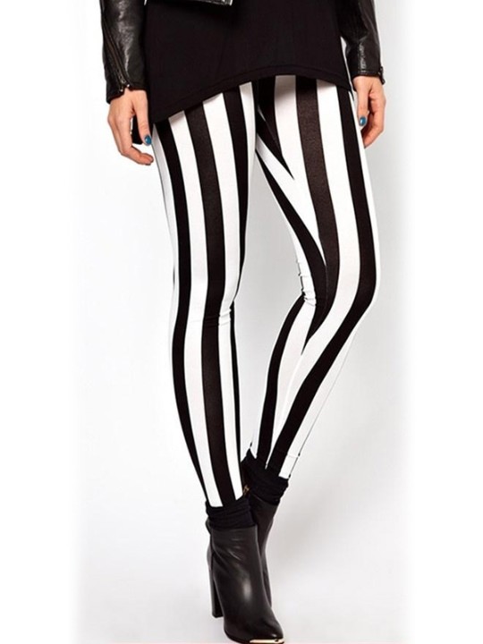Muoti mustat valkoiset raidat Print Plus-kokoiset naisten leggingsit housut