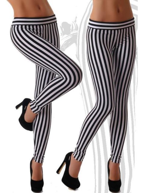 Nova Moda Black &amp; White Stripes Imprimir Leggings Calças Justas Calças Pantyhose O / S