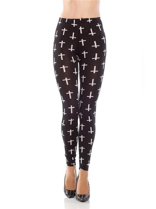 Women's Black Cross Print Slim Footless Ankle Length Legging