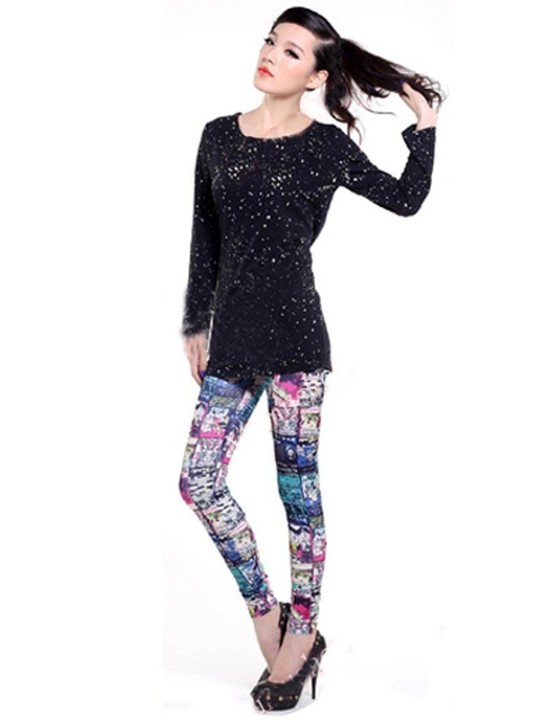 Moda Sexy Blue Magazine Publica Imprimir Medias Elásticas Pantalones Leggings O / S