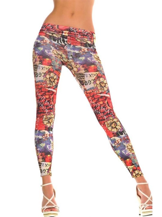 Moda Retro de moda Graffiti Print Leggings Pants Medias Elástico