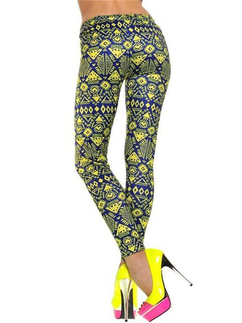 Pantalon Legging Imprimé Aztèque Jaune Femme Collants Stretchy