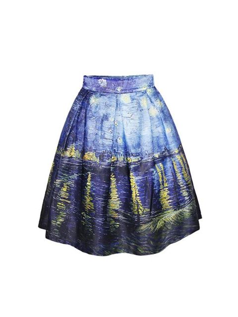 Vintage Rockability Beauty River Night View Print Short Dress Mini Skirt Flared Pleated