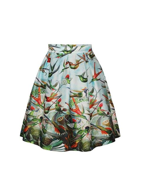 Vintage Rockability Beauty Tree Birds View Print Short Dress Mini Skirt Flared Pleated