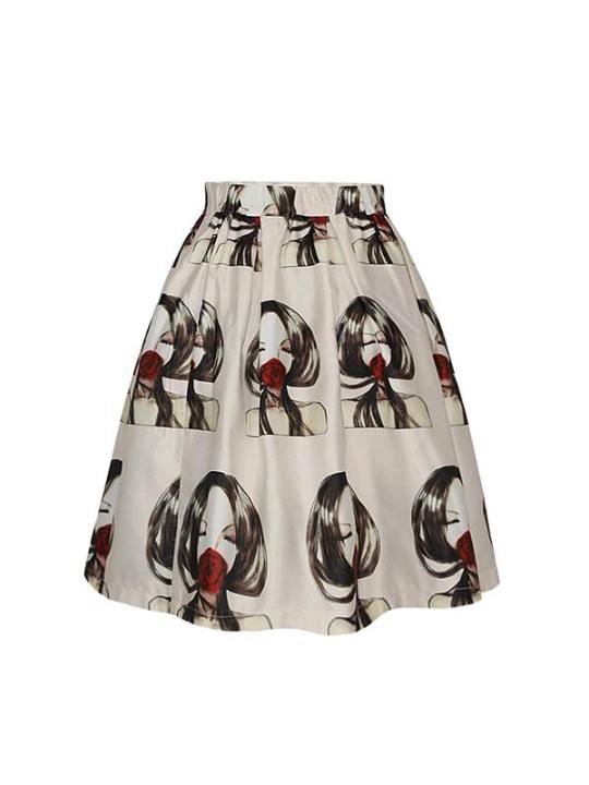 Vintage Rockability Eating Flower Girl Print Short Dress Mini Skirt Flared Pleated