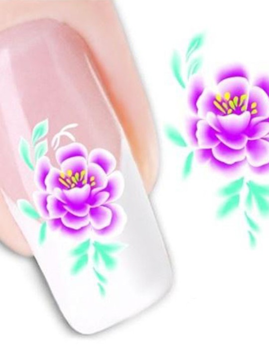 Dammodell Ett ark Lila blommor Blommiga nagelkonstklistermärken Dekaler Dekorationer