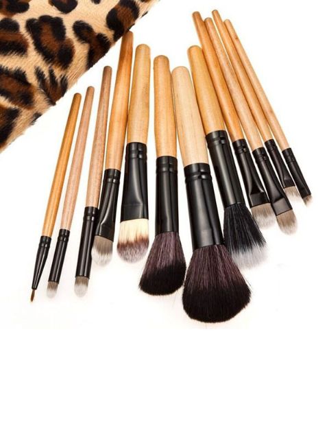 12 Pcs Makeup Brushes Set Eyebrow Pencil Lip Liner Leopard with Holder Bag