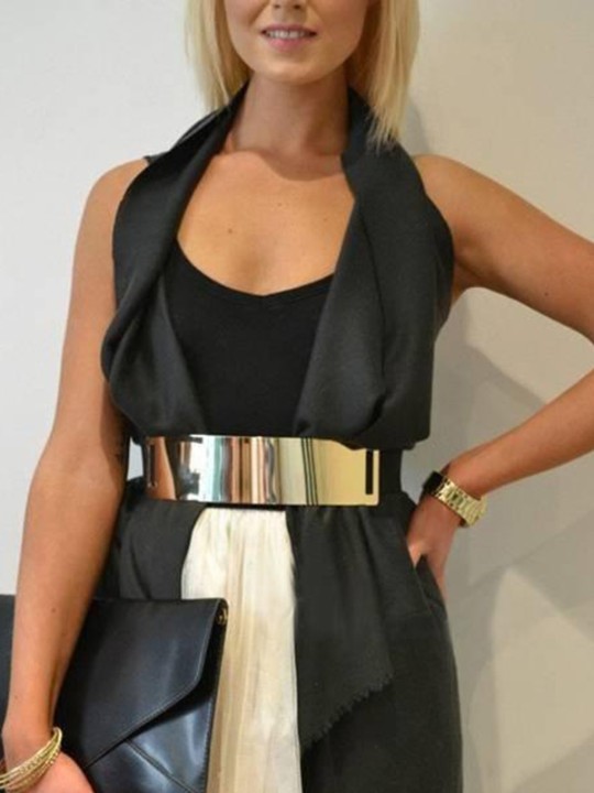 TrendyQueen-HOT Sales Women's Waist Band Elastic Mirror Metal Waist Belt Leather Metallic Bling Gold Plate Wide Belts