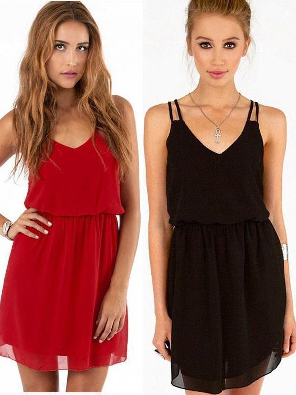 Vestido de playa de la correa de espagueti de gasa sólido de las mujeres de la manera Tops atractivos One-Pieces negro rojo más tamaño