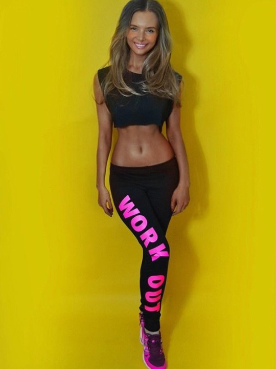 HOT Womens Fashion work Out Letter Print Estampado Bajo Flaco Estiramiento Deportes Polainas Pantalones Medias