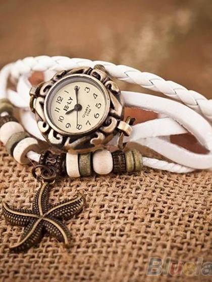 Pulsera de cuero retro para mujer, reloj estrella de cuarzo con decoración de estrellas de mar