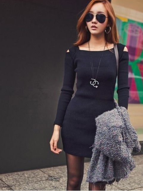 Koreal Style Womens Unique Open Shoulder Square Neck Long Sleeve Slim Mini Dress Long Sleeves Dresses