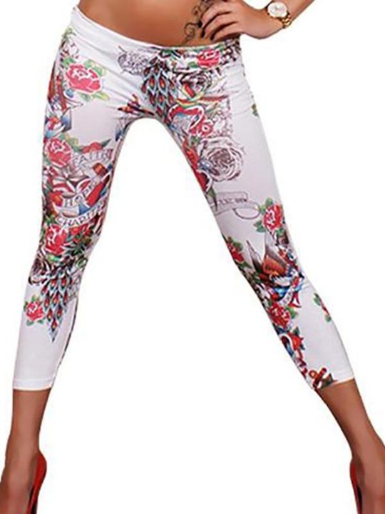 2015 Fashion White Punk Print Cropped Leggings Sexy Stretchable Panty Tights