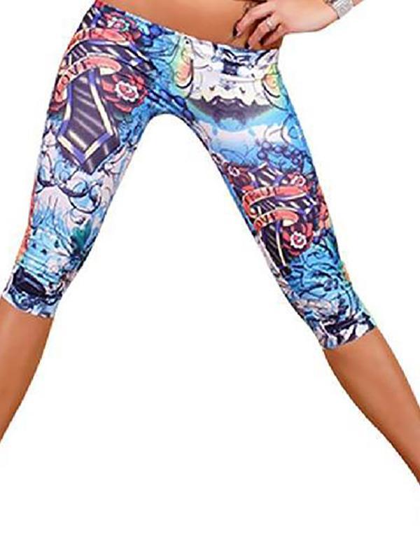 2015 Fashion Blue Floral Print Rock Style Cropped Leggings Sexig stretchbar trosstrumpa