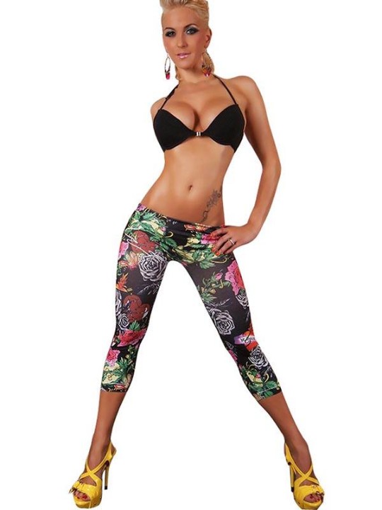 Fashion Black Blumendruck Leggings Punk beschnitten Sexy Dehnbar Panty Strumpfhosen