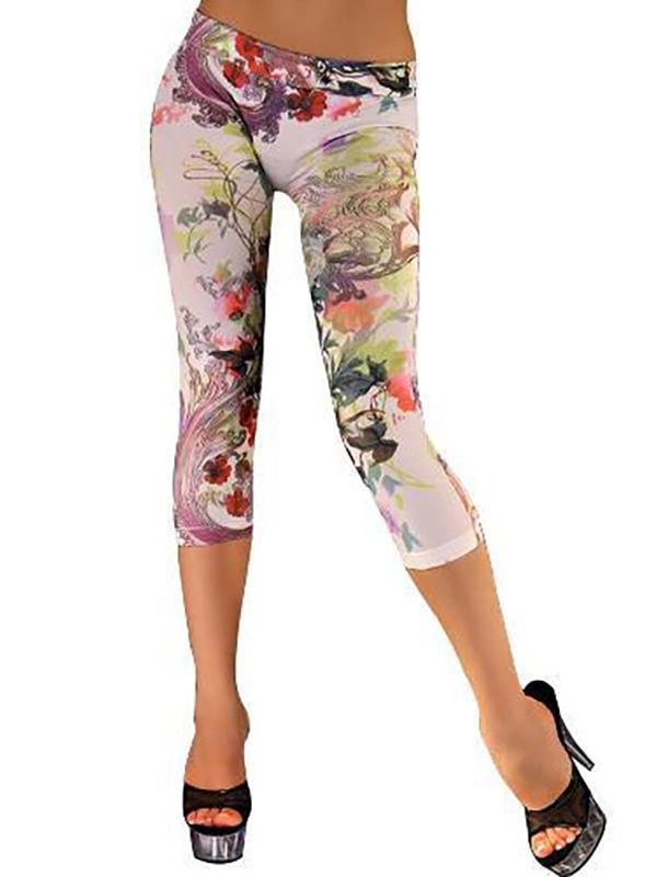 Fashion Spring White Malerei Blumendruck Leggings beschnitten Sexy Dehnbar Panty Tights