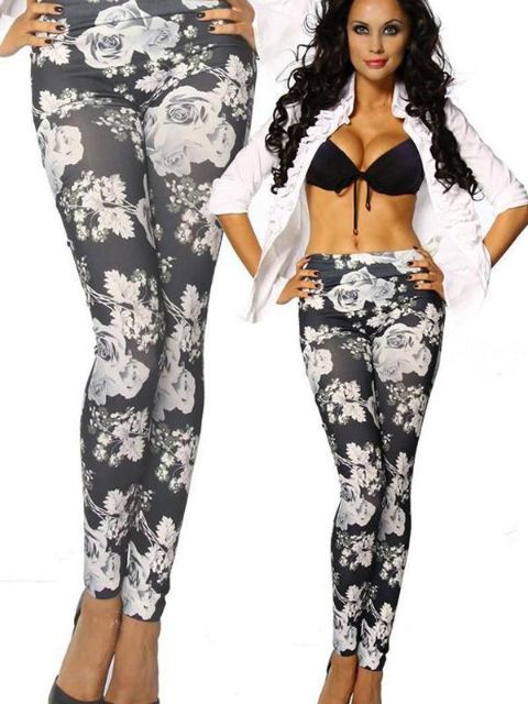 Leggings extensibles à imprimé floral noir et blanc