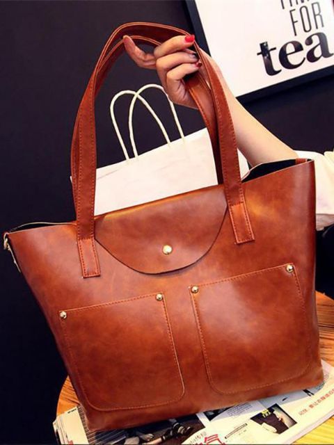 Enkelt mode för kvinnor Läderhandväskor olja dubbel ficka axelväska