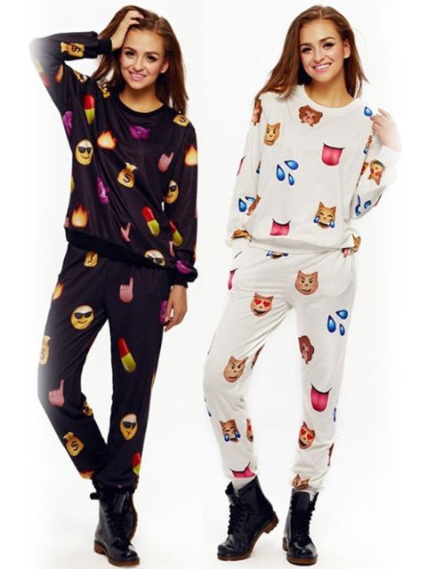 2015 Esportes das Mulheres Inverno Emoji Impresso Hiphop Hoodies Camisas Hipster Mangas Compridas Tripulação Pescoço Terno Conjuntos