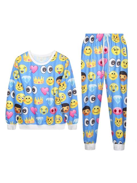 La moda de las mujeres Emoji Print Pattern Loose Pullover Sweatshirt con los pantalones del juego del juego