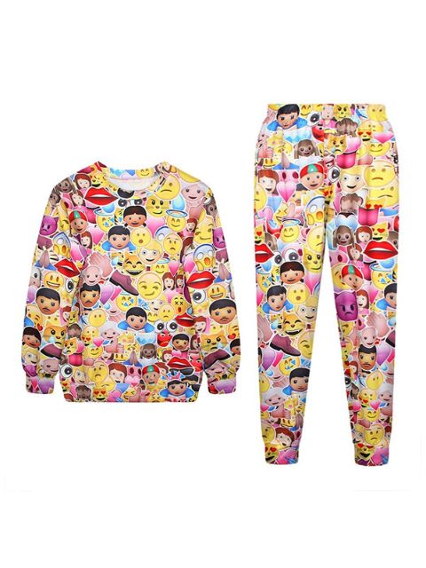 Moda Feminina Emoji Imprimir Padrão Moletom Solta com Calças Terno Conjuntos
