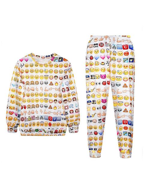 La moda de las mujeres Emoji Print Pattern Loose Pullover Sweatshirt Suit Conjuntos