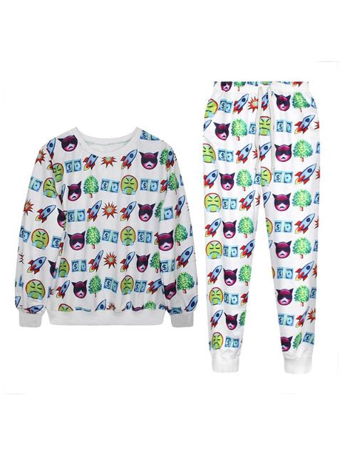 Women's Fashion Emoji Print Pattern Loose Pullover Sweatshirt with Trousers Suit Sets