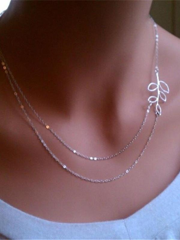 New Fashion Womens Double Chain Leaves Silver Plated Charm Necklace Pendant