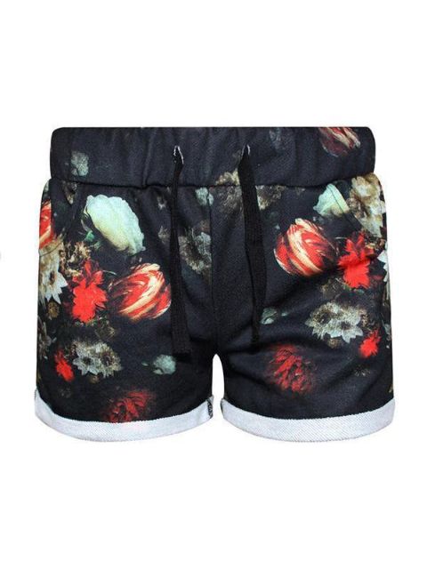 Women  Digital 3D Floral Print Hip Hop Shorts Pants With Drawstring Waist