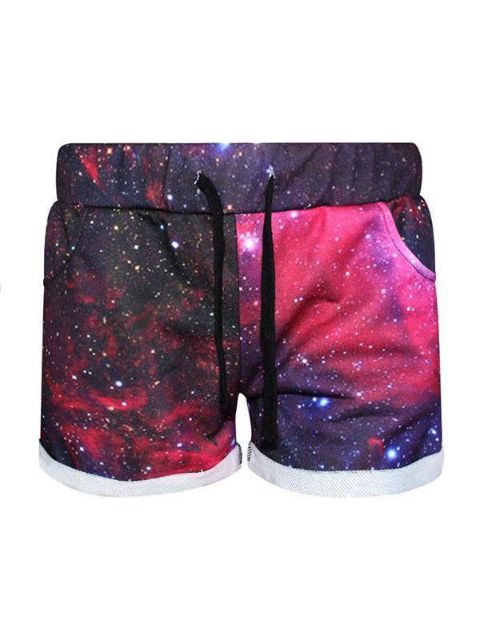 Women  Digital 3D Red Galaxy Print Hip Hop Shorts Pants With Drawstring Waist
