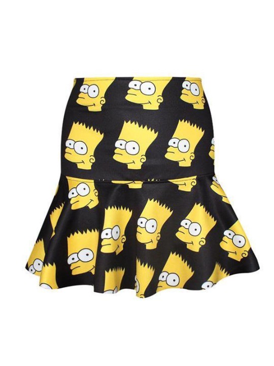 Women's Simpson's Digital Print High Waist Flared Pleated Mini Fishtail skirt (Black)