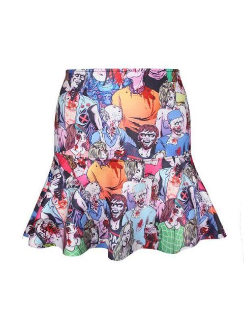 Women's Zombie Digital Print High Waist Flared Pleated Mini Fishtail skirt (Multicolored)