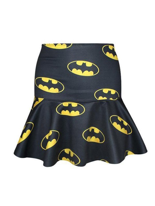 Batman das mulheres impressão digital de cintura alta queimado plissada mini rabo de peixe saia (preto)