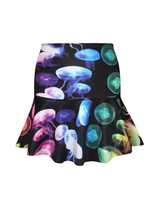 Mulheres geléia peixe impressão digital de cintura alta queimado mini saia fishtail plissada (preto)