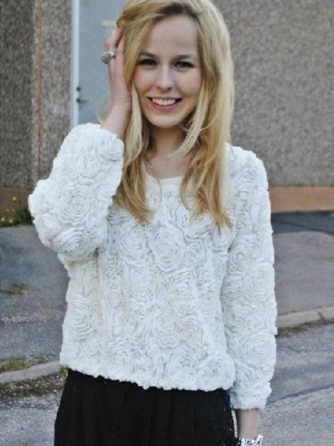 Damer Lace Rose Floral 3D Mesh Lace Rose Floral Langærmet Jumper Top Sweater Sweatere &amp; cardigans