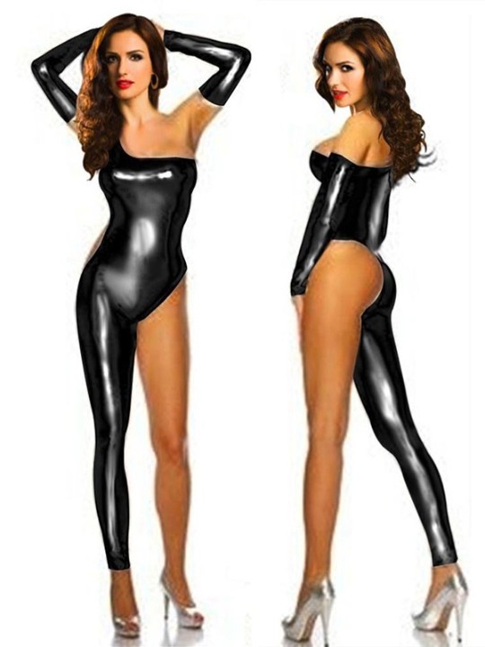 Sexig svart / guld / silver Goth Punk Wetlook One Shoulder Overall Catsuit med handskar Stripper Wear
