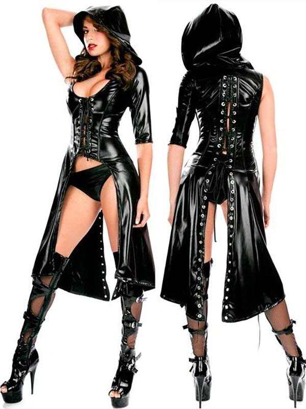 Gothic Punk Wetlook Sweet Pea Hooded Coat Gown Dress Costume Fullset Gothic0909