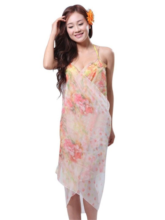 Kvinders rem Ultra-tynd Chiffon sommer strand blomstermønster håndklæder slør kjole Bikini Cover-UP